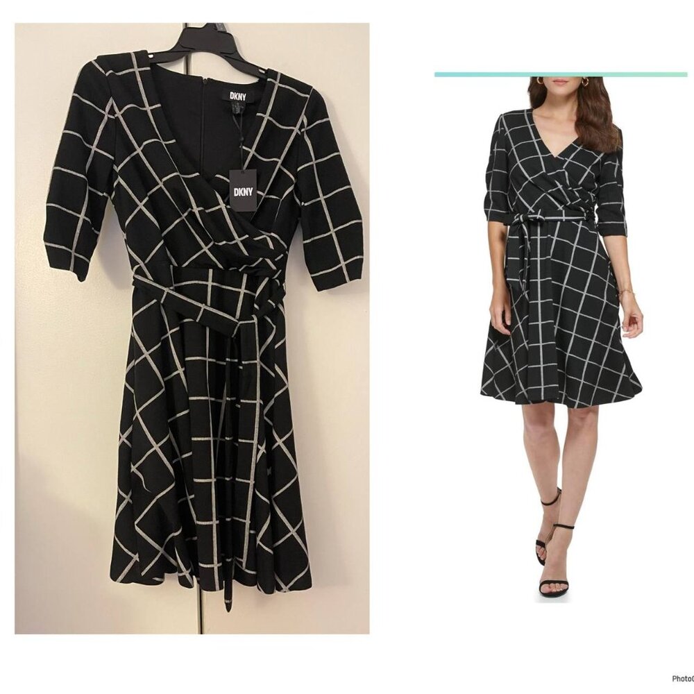 NWT DKNY Front Wrap V-Neck Fit-and-Flare Dress with Elbow Sleeve, Size 8